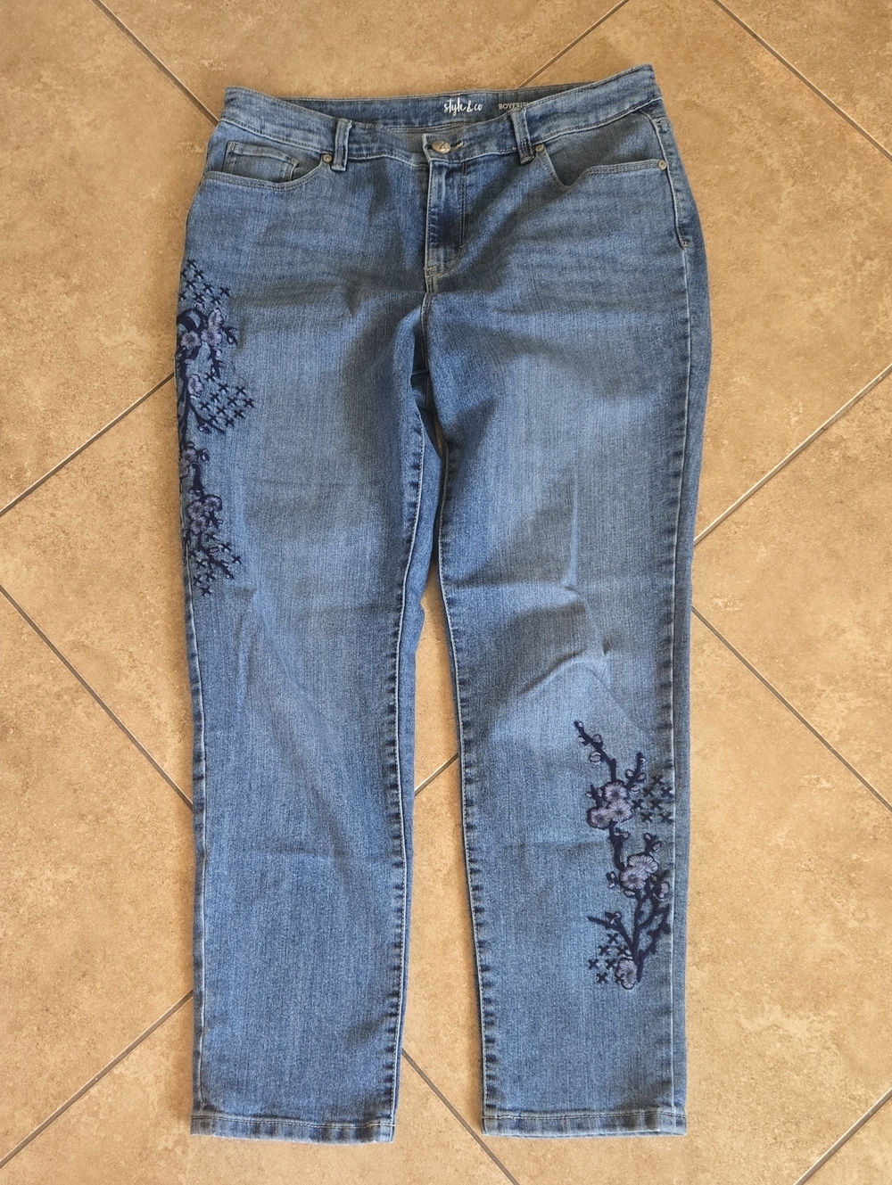 Style & Co. Medium Blue Straight-Leg Jeans with Navy Floral Embroidery